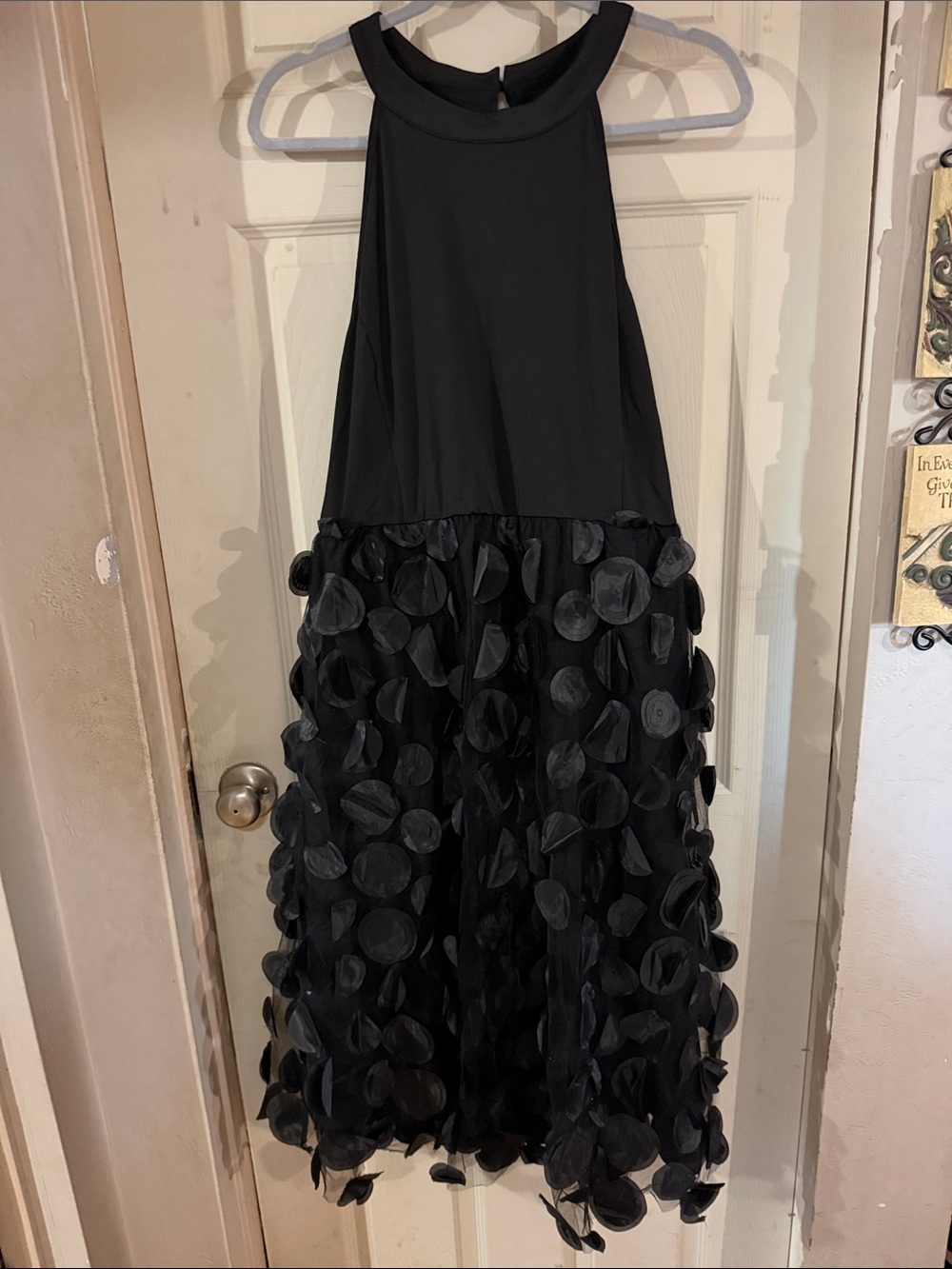 Black Halter Midi Dress with Petal-Texture Skirt 2X